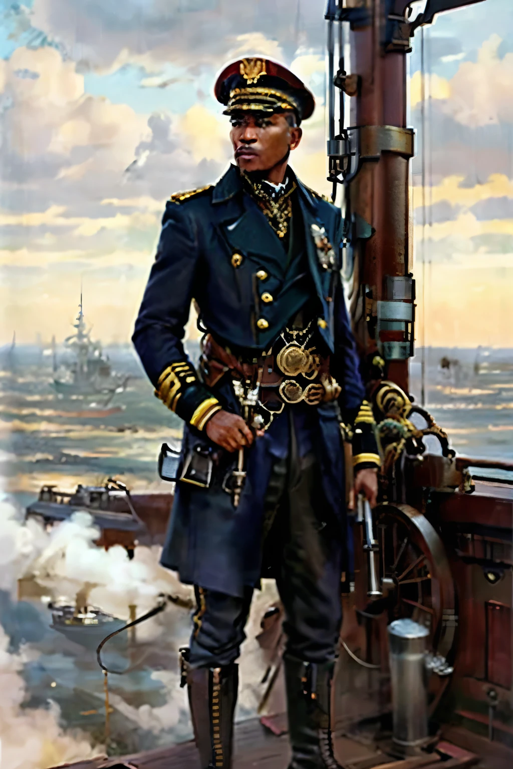 Create an image of a steampunk Royal Navy captain, commanding a flying ship full of soldiers and war criminals. He is a tall, imposing man of African descent, with a deep brown complexion and a proud, regal bearing that reflects his royal African ancestry. His sharp, intelligent eyes reveal his tactical brilliance and cunning nature. His face is adorned with intricate, bold tribal tattoos, stretching across his right cheek and forehead, symbolizing his heritage. He wears a high-collared, dark navy-blue coat with brass buttons, adorned with epaulets on the shoulders, and a steampunk aesthetic—complete with a belt of tools, leather straps, and a brass pocket watch. His coat flows down to sturdy, polished boots, and he holds a cane with a mechanical apparatus on its handle. Around his neck hangs a golden medallion engraved with an ancient African symbol. The background features the deck of a magnificent flying ship, with large steam-powered propellers and gears, gliding through the clouds over a vast industrial cityscape below.