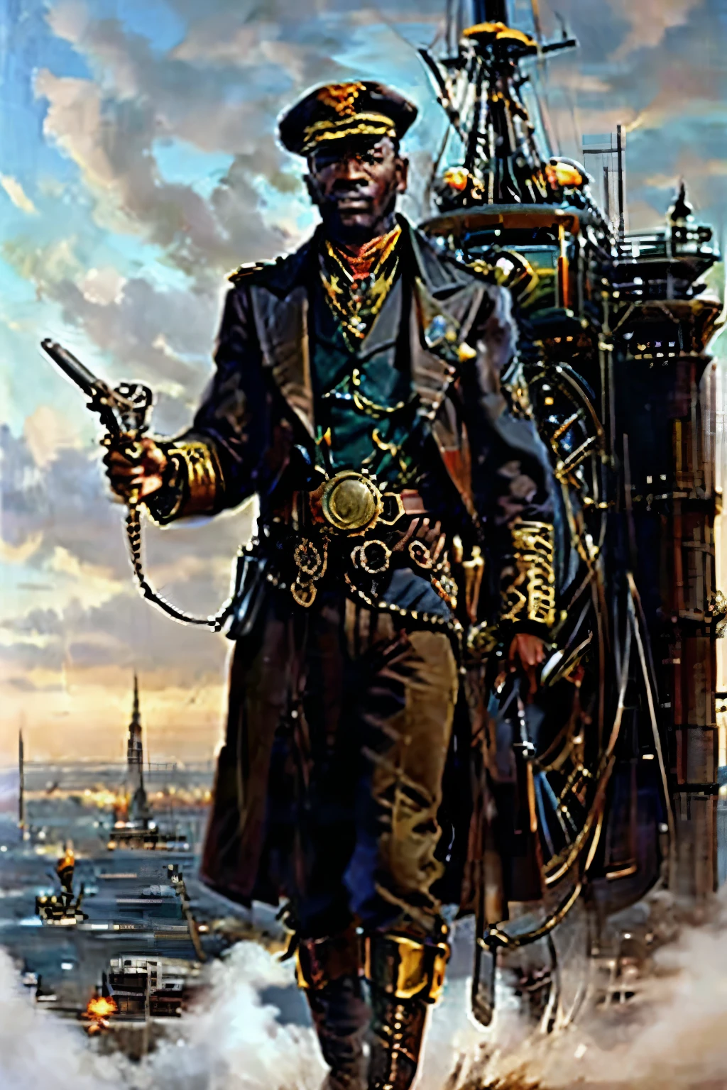 Create an image of a steampunk Royal Navy captain, commanding a flying ship full of soldiers and war criminals. He is a tall, imposing man of African descent, with a deep brown complexion and a proud, regal bearing that reflects his royal African ancestry. His sharp, intelligent eyes reveal his tactical brilliance and cunning nature. His face is adorned with intricate, bold tribal tattoos, stretching across his right cheek and forehead, symbolizing his heritage. He wears a high-collared, dark navy-blue coat with brass buttons, adorned with epaulets on the shoulders, and a steampunk aesthetic—complete with a belt of tools, leather straps, and a brass pocket watch. His coat flows down to sturdy, polished boots, and he holds a cane with a mechanical apparatus on its handle. Around his neck hangs a golden medallion engraved with an ancient African symbol. The background features the deck of a magnificent flying ship, with large steam-powered propellers and gears, gliding through the clouds over a vast industrial cityscape below.