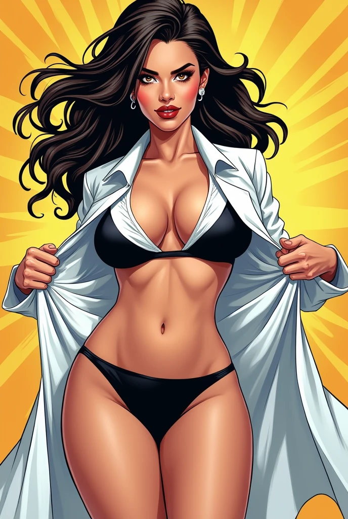 woman in white uniform posing for a picture, gorgeous female, generous cleavage open jacket, jacket over bare torso, open shirt,