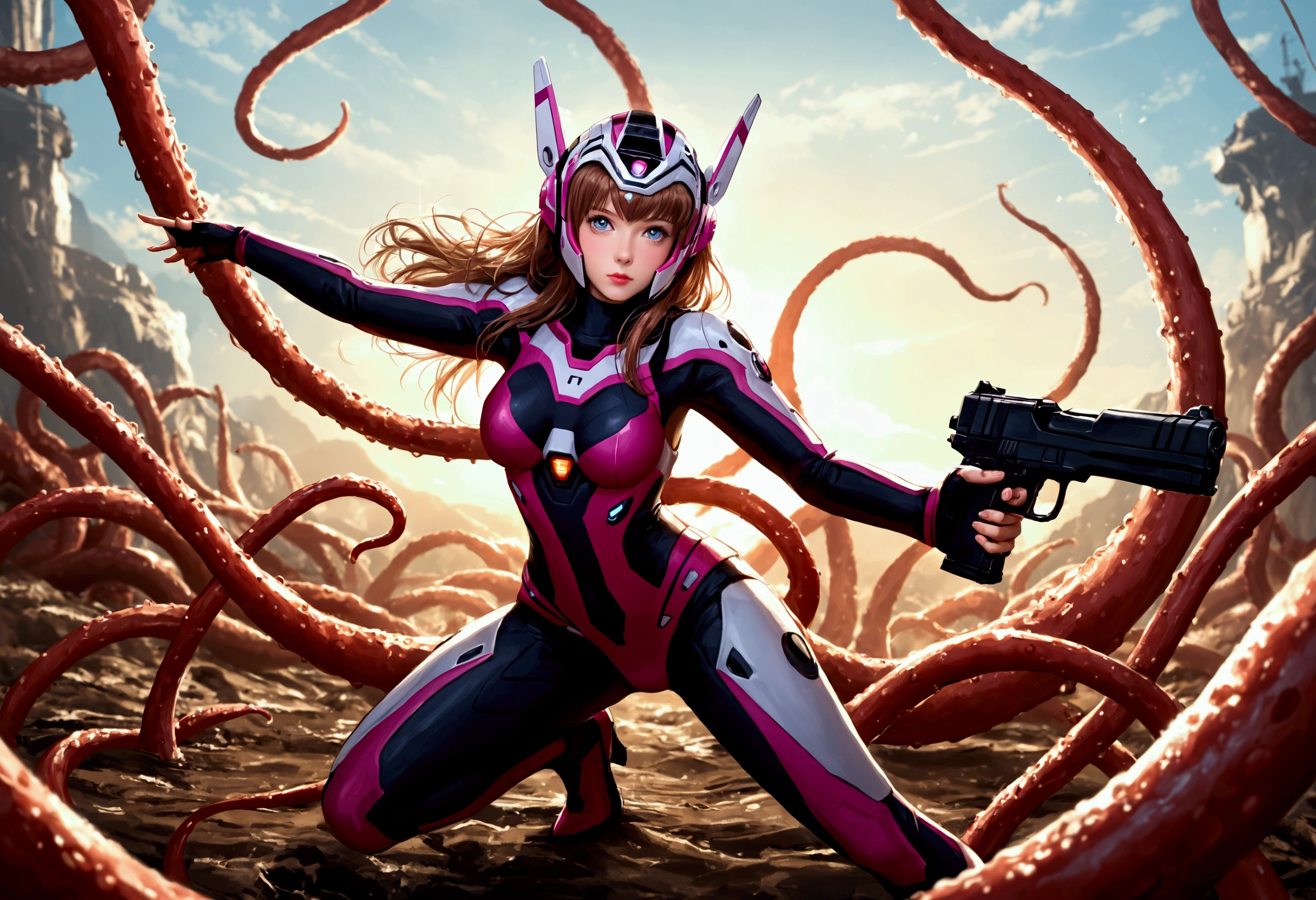 cute Yuna (age 25, sci fi action adventure suit, sexy, lase pistol, domed helmet), she is in an action pose shooting her laser pistol at a tentacle beast, her color coordinated mecha is nearby, alien world
