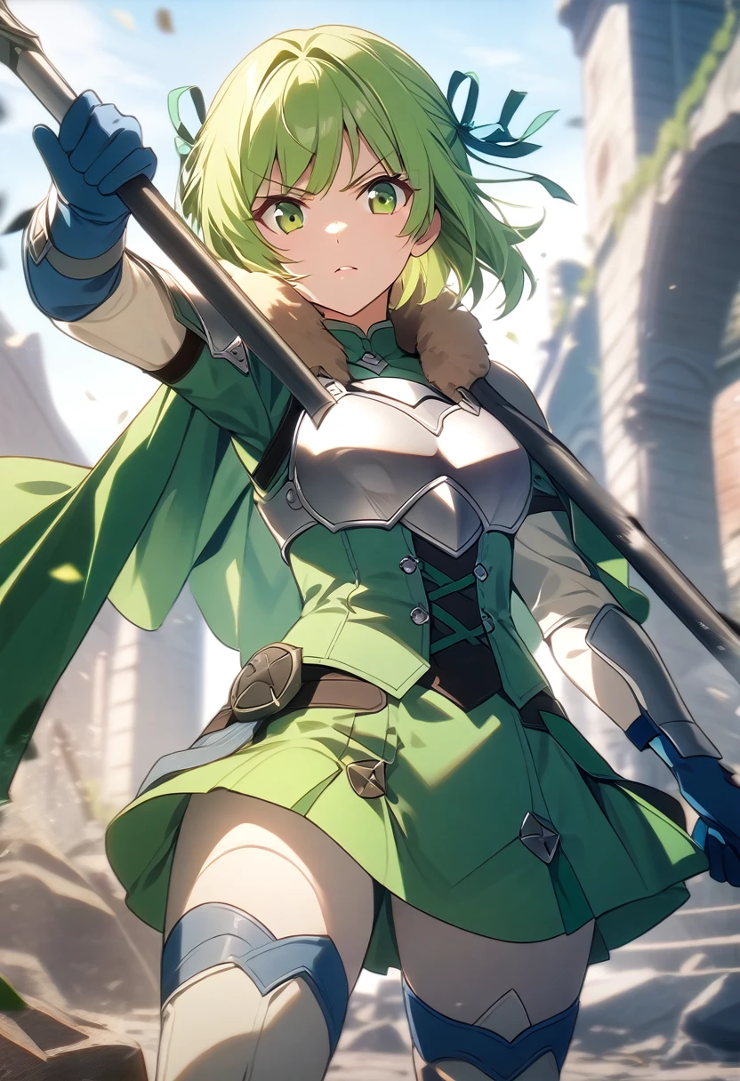 score_9, score_8_up, score_7_up, source_anime, thigh up, 1girl, looking at viewer, determined, holding spear, warIngrid, short hair, hair ribbons, shoulder armor, armor, breastplate, underbust, green coat, fur trim, vambraces, blue gloves, green cape, green skirt, white pants, cinematic, outdoors, 