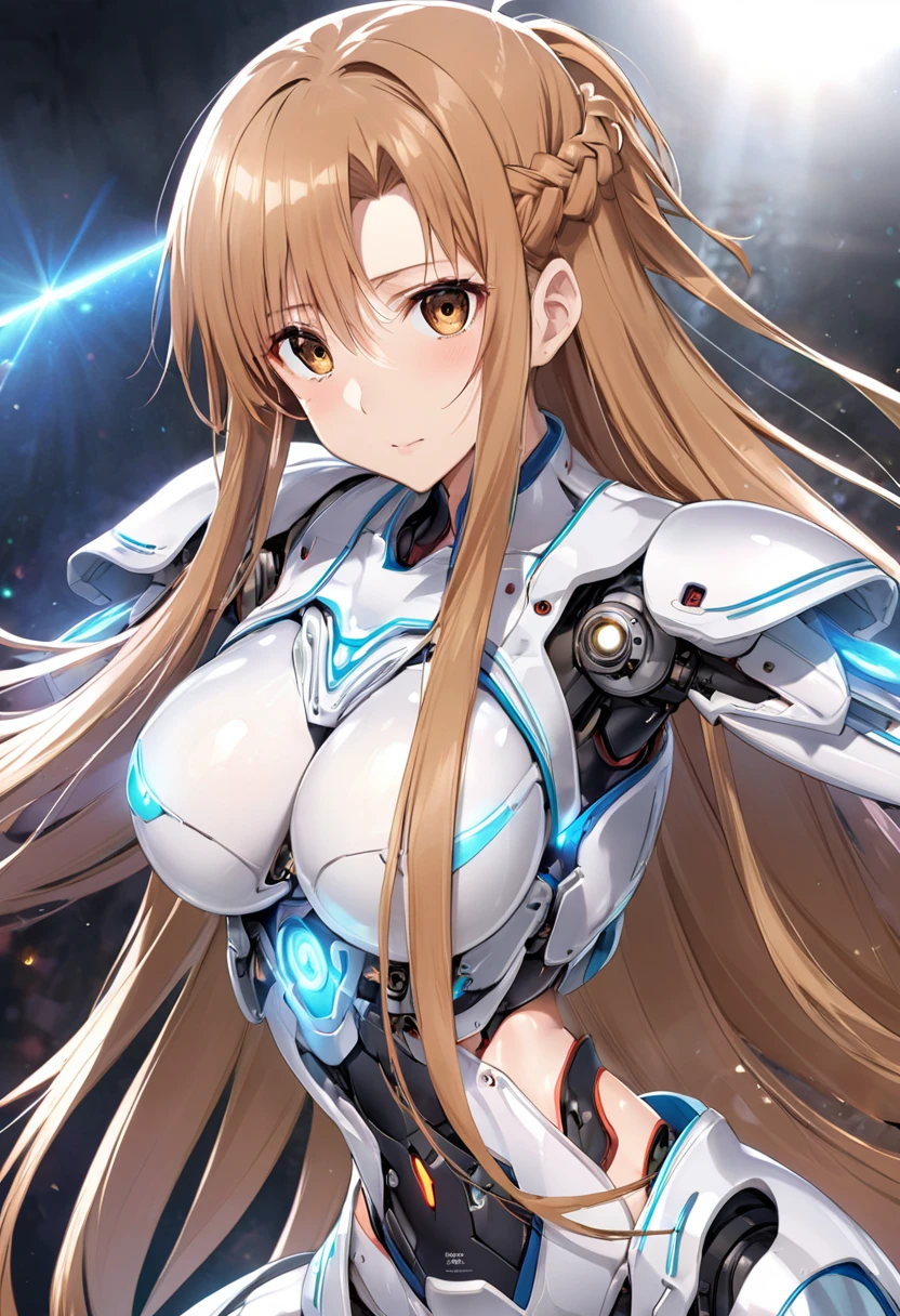 Female combat robot、Shiny metal body、asuna yuuki, long hair, bangs, brown hair, brown eyes, very long hair, braid、Feminine body lines、Composite armor covering the abdomen、(((Machine Eyes)))、Luminous skin、