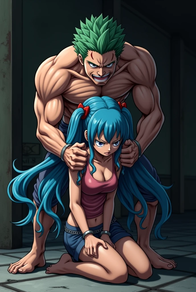 masterpiece, best quality,anime style, 1 girl,(((slender body))), (((small breast))),(((hot pants, blue tanktop,red tie))),(((((a gorilla man grabbing the girl))))), ((((restrained, arms behind back)))),((((cum)))), (beautiful face), (((long hair))), (((straight hair))), ((((blue hair)))),detailed beautiful skin, (perfect hands, perfect anatomy)