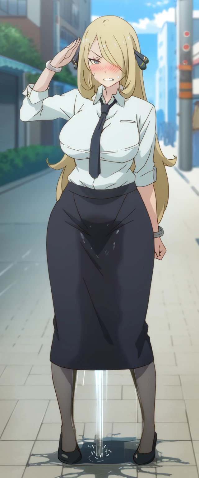 (high quality,Very detailed:1.37, High resolution), 2d, anime, anime style, anime source, Woman, Cynthia \(Pokemon\), business suit, necktie, (long skirt:1.25), (pencil skirt:1.5), pantyhose, huge breasts, cleavage, looking at viewer, masterpiece, best quality, (wetting self:1.5), desperation, embarrassed, humiliation, (blushing:2.0), (angry:1.5), (clenched teeth:1.5), black lipstick, standing, (salute:1.5), city