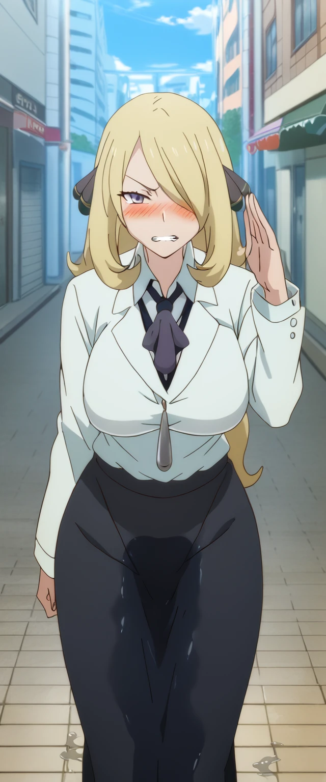 (high quality,Very detailed:1.37, High resolution), 2d, anime, anime style, anime source, Woman, Cynthia \(Pokemon\), business suit, necktie, (long skirt:1.25), (pencil skirt:1.5), pantyhose, huge breasts, cleavage, looking at viewer, masterpiece, best quality, (wetting self:1.5), desperation, embarrassed, humiliation, (blushing:2.0), (angry:1.5), (clenched teeth:1.5), black lipstick, standing, (salute:1.5), city