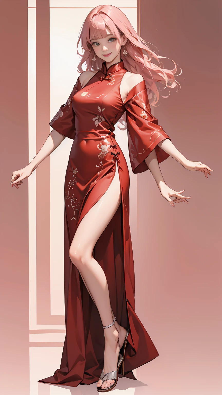 ((from front, full body, look at viewer)), High image quality,smile,happy,light smile, woman, woman1人, adult, Clear, cute, Pink Hair, BREAK, Brown eyes,BREAK, blunt bangs, wavy hair, medium hair, BREAK, Red Chinese dress,BREAK, Sparkly earrings, Facing forward,BREAK,Background white,