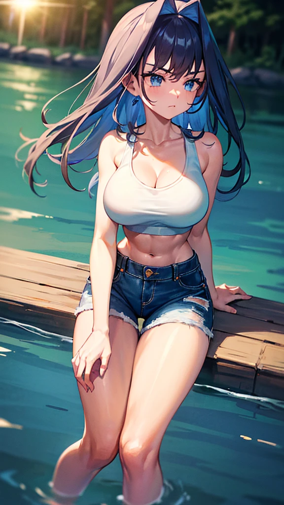 (Sports bra), (Denim shorts that dig into your skin),Sweating, (Character: Standing on a misty lake), Girl 1, (Character: Full Body), Body:/, Enhanced Body Lines, (Perfect Hands), (Perfect Anatomy), (Perfect Body Structure), (2 Arms), (2 Legs). Quality:/, character:High image quality, Masterpiece, Character:High Quality, Best Quality, Character:High Resolution, Perfect Pixels, Saturation:/, Studio Lighting, Sharp Focus, Bright Colors, Portrait, Warm Colors, Soft Lighting.