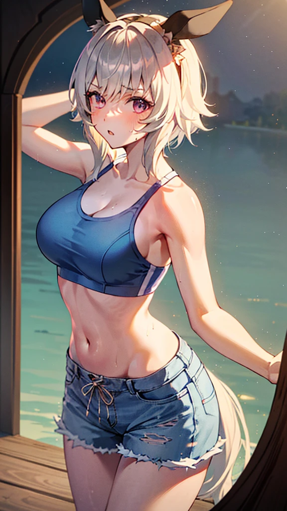 "(perfect masterpiece:1.2), (highest quality:1.2), stunning face,  mature and chubby, Big eyes, compensate, long and luxurious eyelashes, lip whole, irresistible charisma.",Maid clothes,belly button,(((girl like boy))),(((very short hair))),abs,raised his arms,micro swimwear,NSFW,(((muscle)))，sports pants