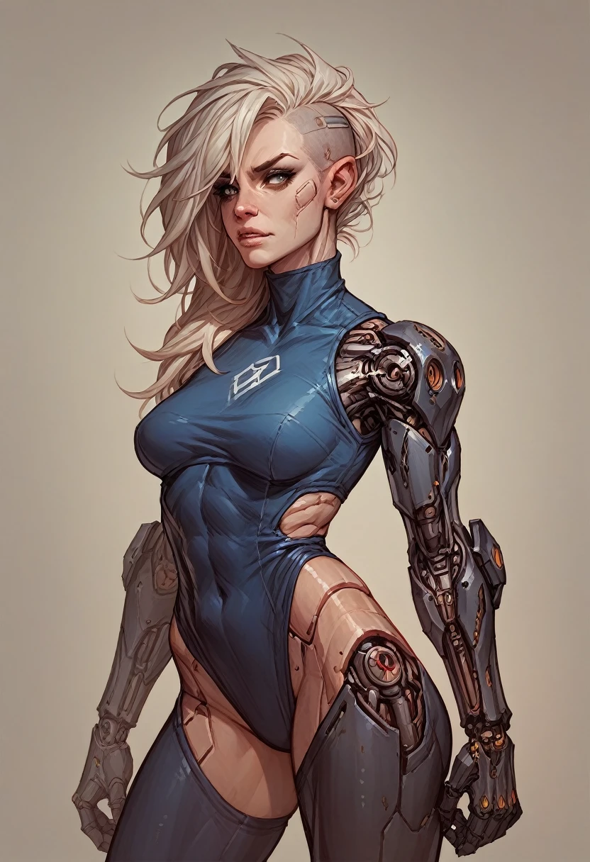 a drawing of a female cyborg assassin with parts labeled, seraph style, high saturation, Farbe