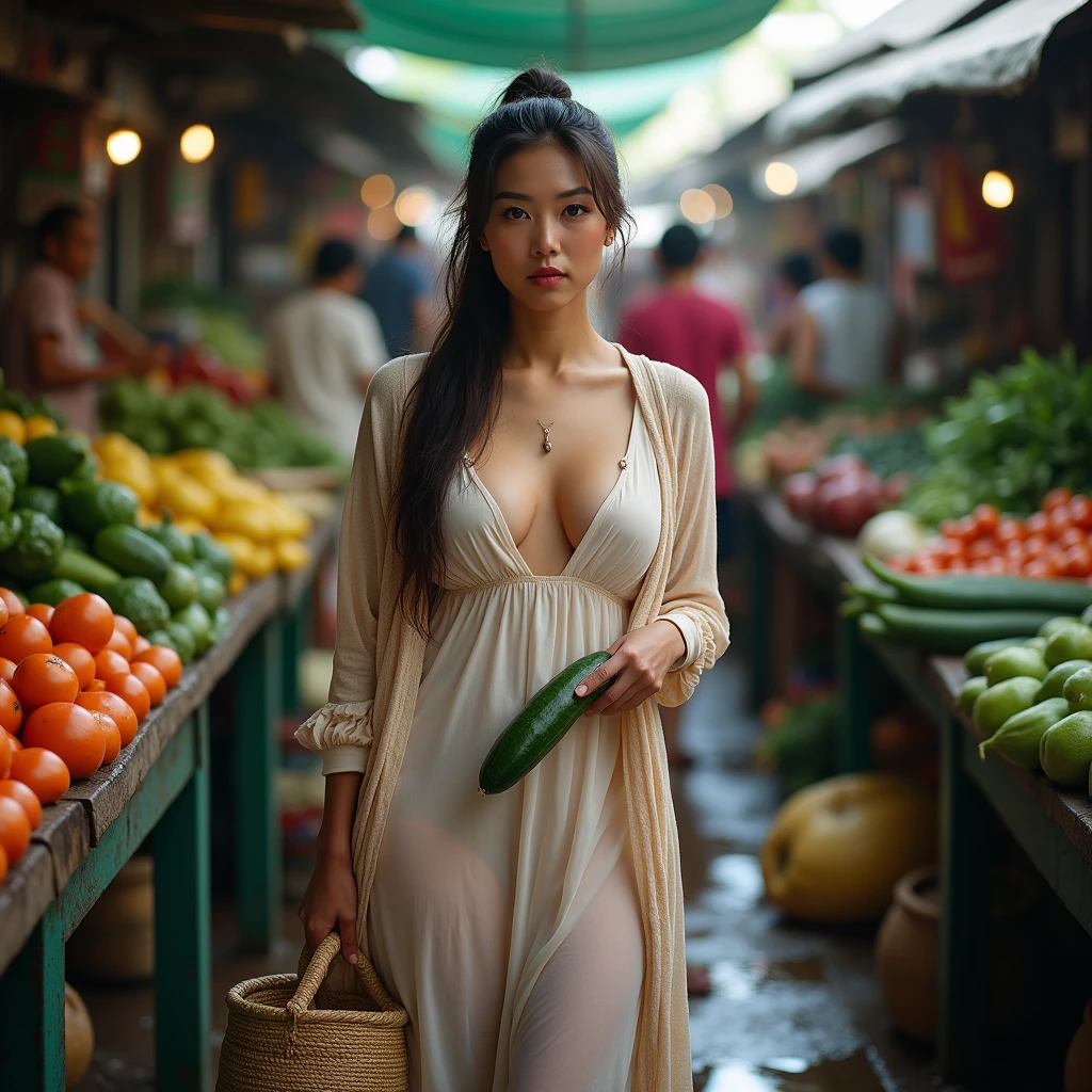  (Unsanitary and dirty fishing port, Seafood market in tourist area), ((30 years old、Beautiful woman)), ((Full nudity)), A vibrant seafood market, Long eyelashes, Beautiful Lips、smile, Beautiful Skin, High quality photos, Vibrant colors, Delicate depiction, Red lipstick, sexy, Nipples