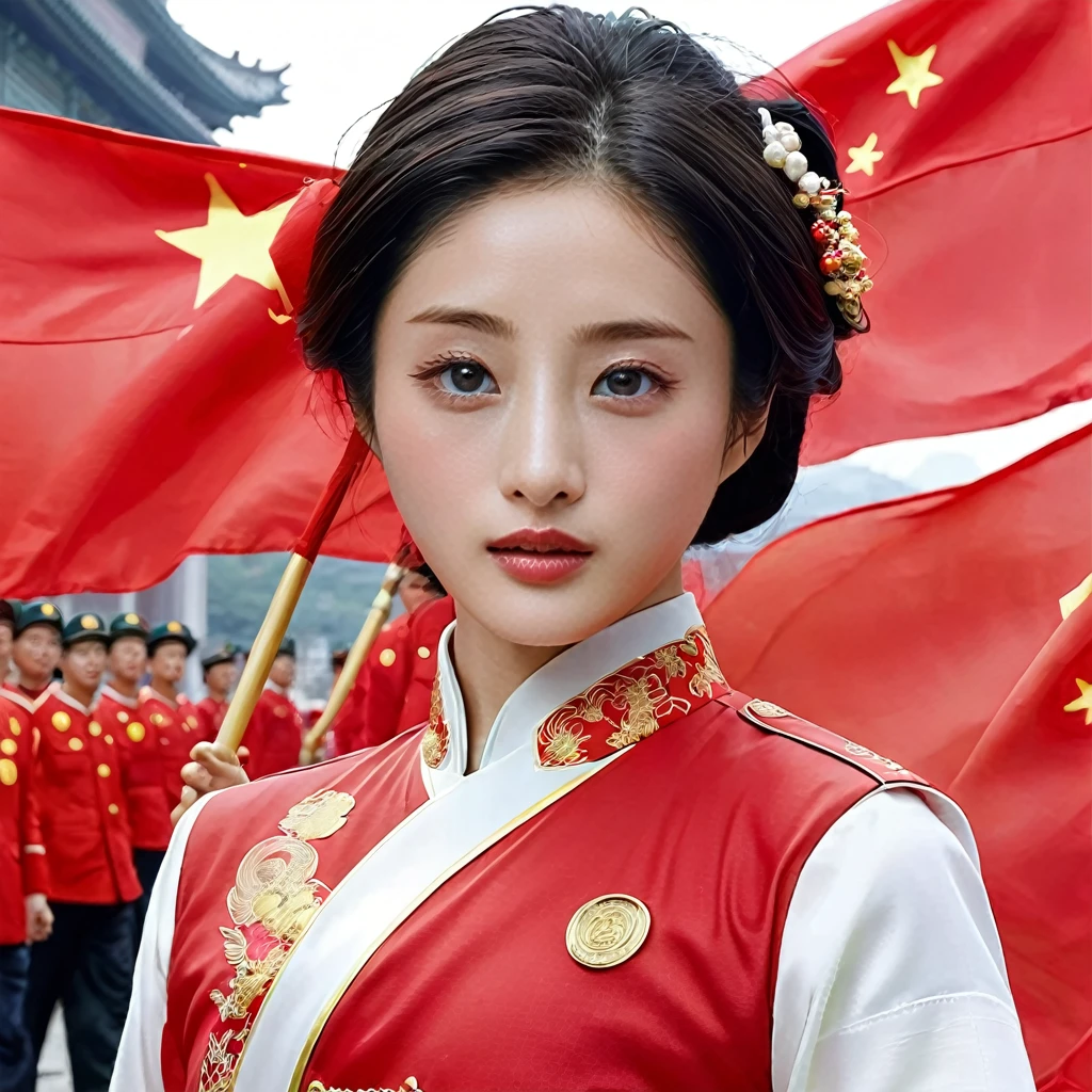 ((Highest quality)), ((masterpiece)), (detailed), （Perfect Face）、The woman is Satomi Ishihara, with black hair and wearing a red Communist uniform, who has become a member of the Chinese Communist Party, a woman for China, and pledges loyalty to the country.、Women are proud to love China and serve China, and are proud to join the ranks of honorable patriots who stand united and proudly march forward for the greatness of China.