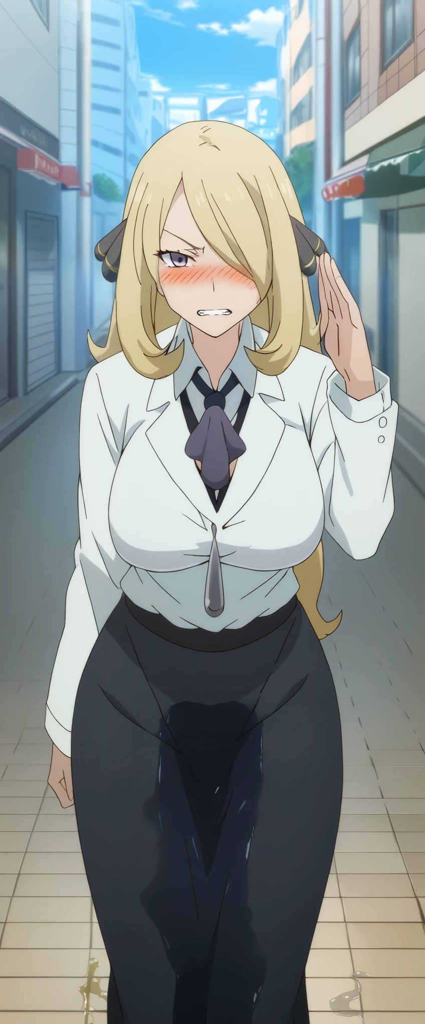 (high quality,Very detailed:1.37, High resolution), 2d, anime, anime style, anime source, Woman, Cynthia \(Pokemon\), business suit, necktie, (long skirt:1.25), (pencil skirt:1.5), pantyhose, huge breasts, cleavage, looking at viewer, masterpiece, best quality, (wetting self:1.5), desperation, embarrassed, humiliation, (blushing:2.0), (angry:1.5), (clenched teeth:1.5), black lipstick, standing, (salute:1.5), city