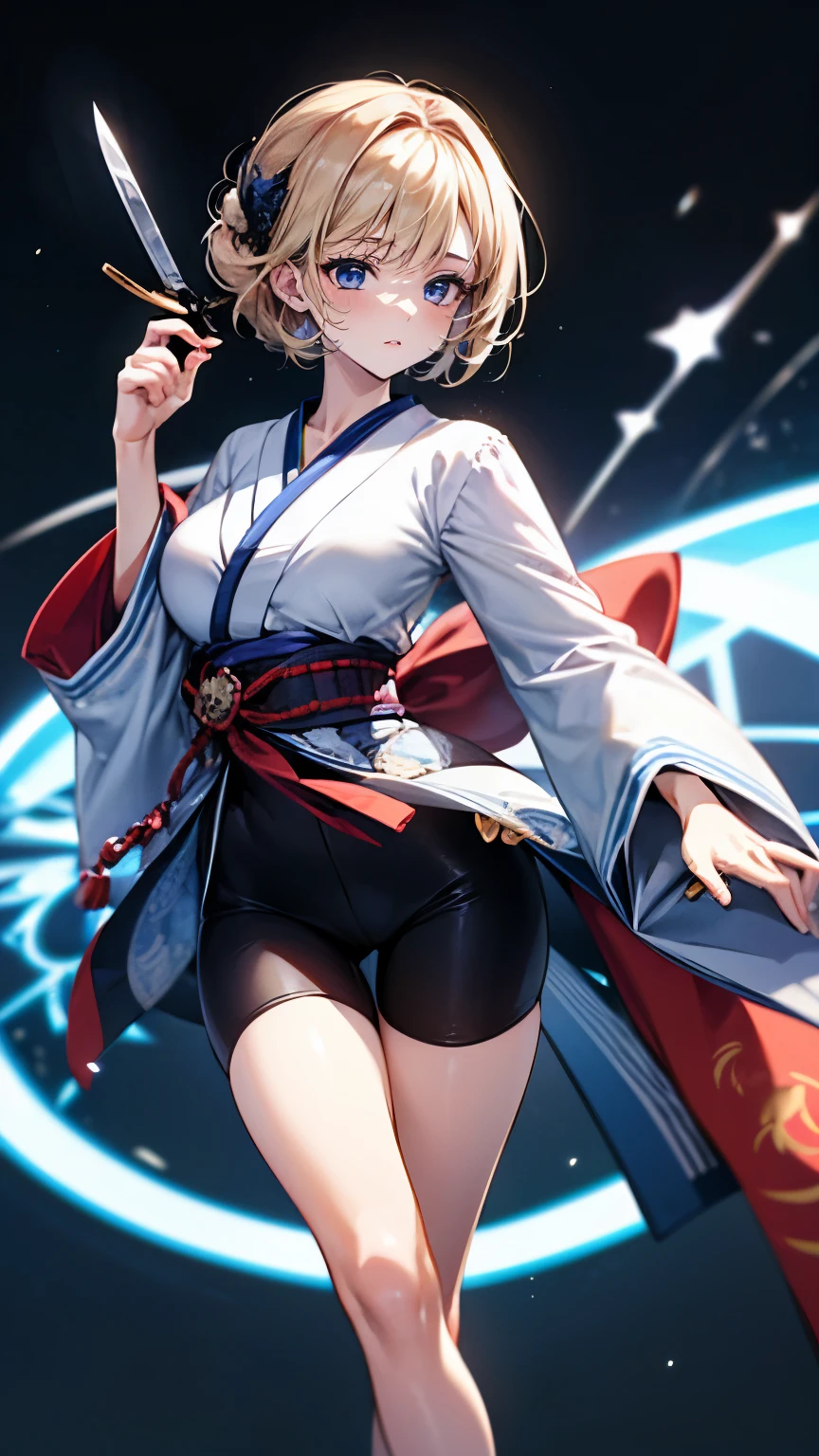 masterpiece, best quality, impressionismo, ((dark skin)), short hair, yellow eyes, black hair, beautiful girl smiling, thin, full body, tall girl, ((white fighter kimono with blue belt)), ((kawaii)), ((cute)), (small-breasts:0.5), ((short chest)), ((big butt)), ((wide thigh)), fighting pose, (Ultra High Resolution: 1.2), (RAW Photo: 1.2)