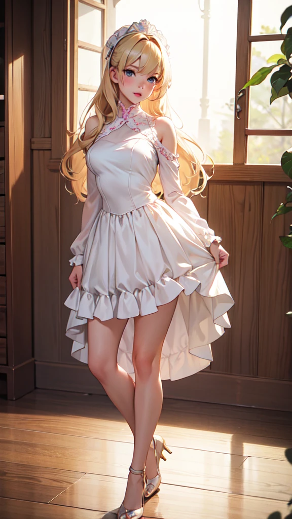 1girl, solo, elegant hair (full body: 1.1), (side at the viewer: 1.1), filmg , sweet_lolita, Best quality, masterpiece, blond hair, blue eyes, Exquisite mouth,Very detailed face, blush, Shiny wet skin, Pink lips, Delicate lips, one piece race queen cosplay outfit, garage background, low lighting,  standing with her back to the camera, head turned to look over her shoulder.