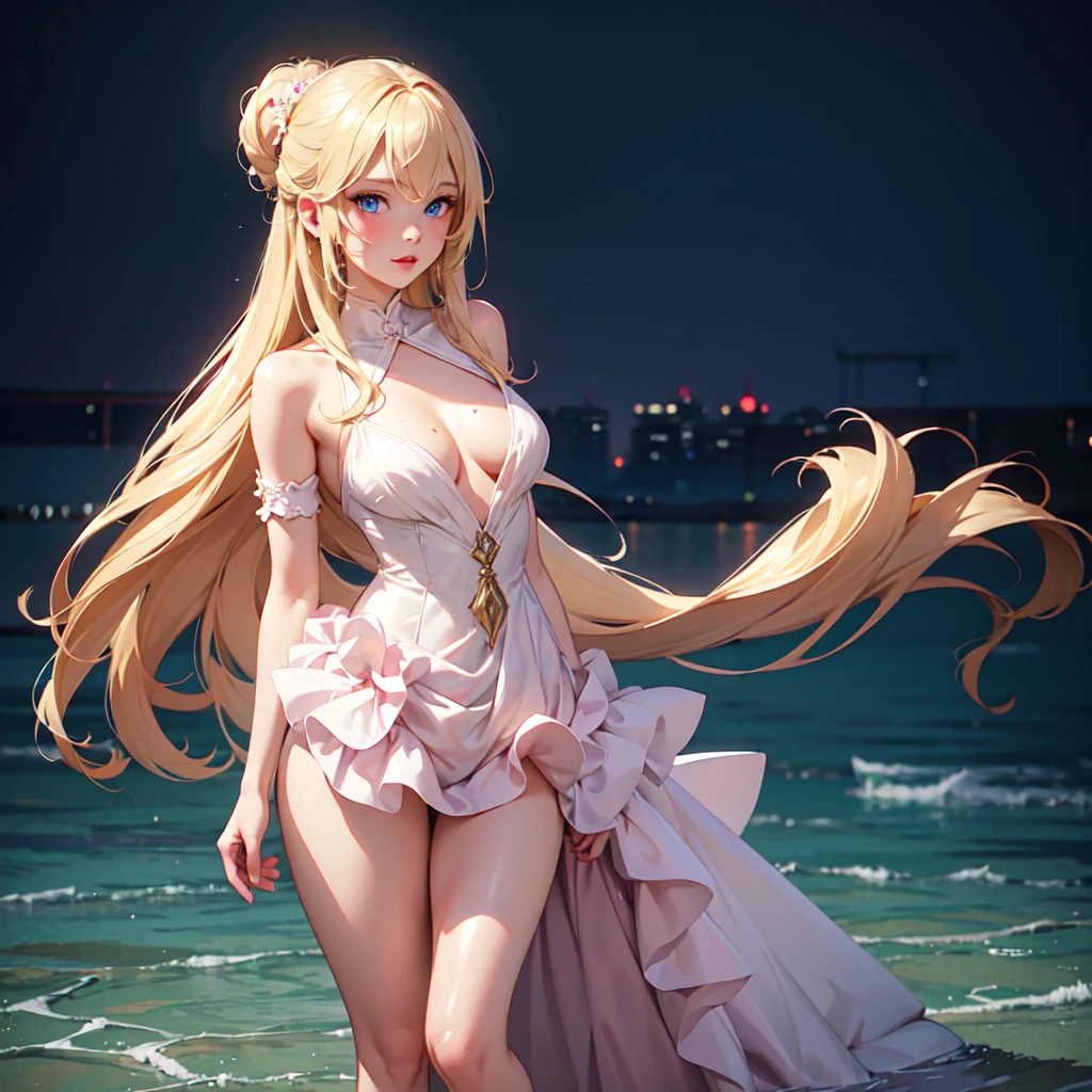 1girl, solo, elegant hair (full body: 1.1), (side at the viewer: 1.1), filmg , sweet_lolita, Best quality, masterpiece, blond hair, blue eyes, Exquisite mouth,Very detailed face, blush, Shiny wet skin, Pink lips, Delicate lips, one piece race queen cosplay outfit, garage background, low lighting,  standing with her back to the camera, head turned to look over her shoulder.