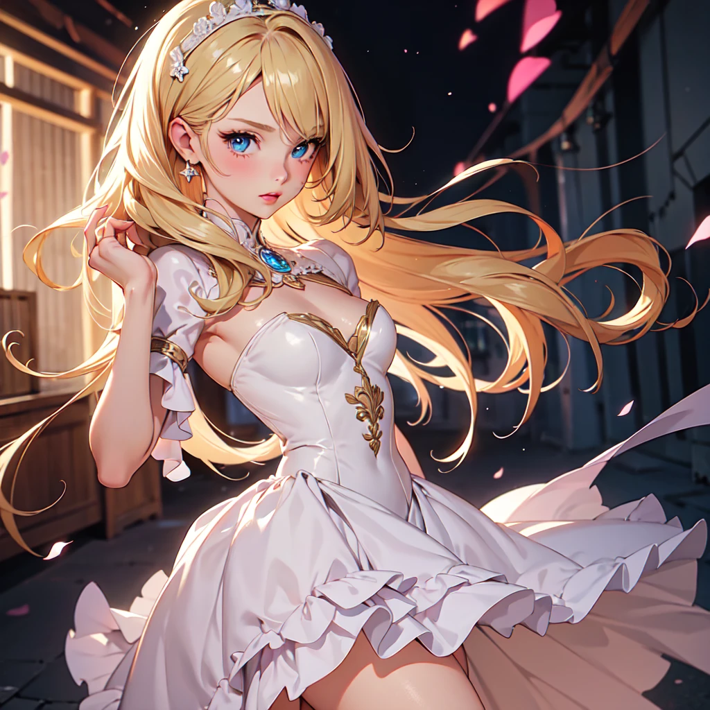 1girl, solo, elegant hair (full body: 1.1), (side at the viewer: 1.1), filmg , sweet_lolita, Best quality, masterpiece, blond hair, blue eyes, Exquisite mouth,Very detailed face, blush, Shiny wet skin, Pink lips, Delicate lips, one piece race queen cosplay outfit, garage background, low lighting,  standing with her back to the camera, head turned to look over her shoulder.