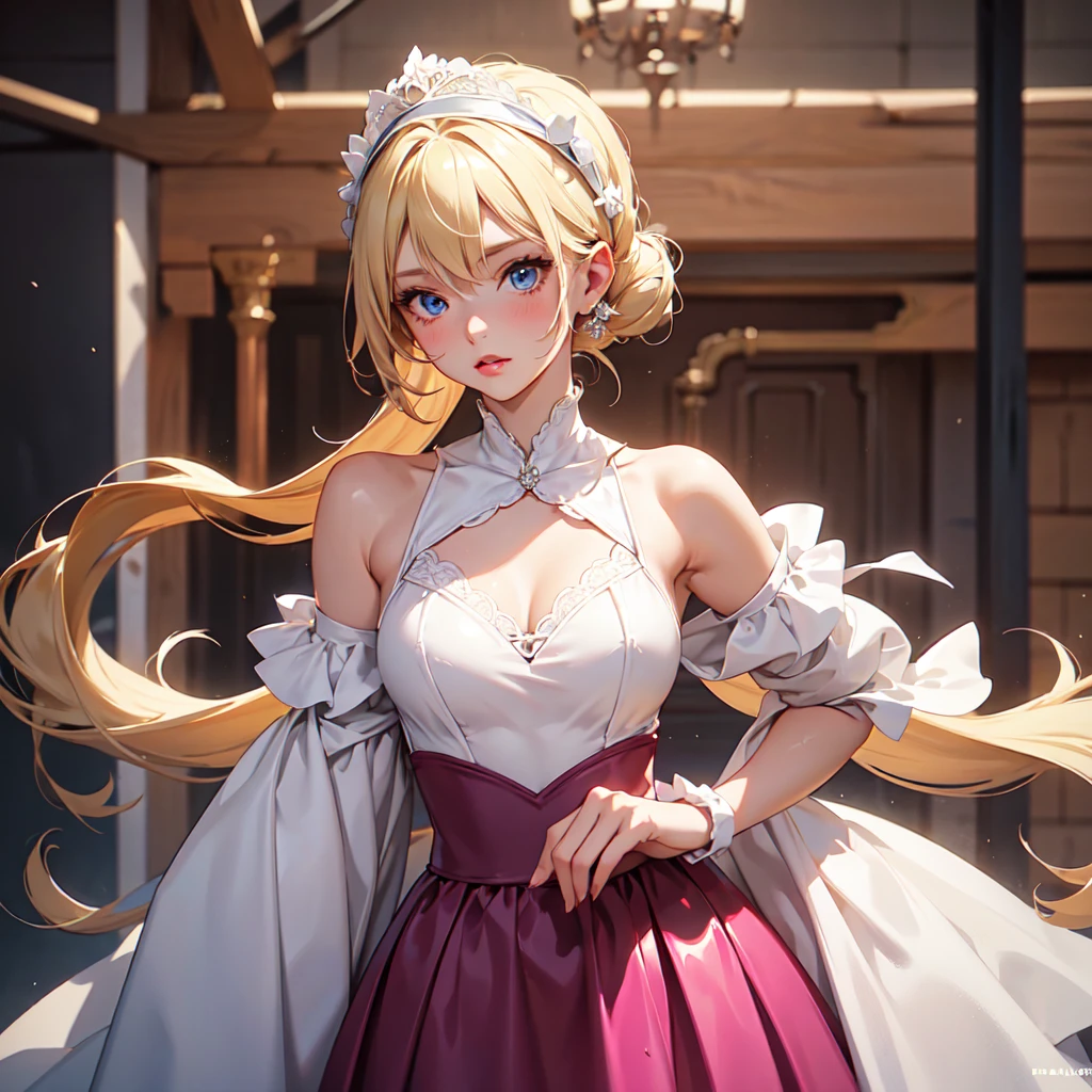 1girl, solo, elegant hair (full body: 1.1), (side at the viewer: 1.1), filmg , sweet_lolita, Best quality, masterpiece, blond hair, blue eyes, Exquisite mouth,Very detailed face, blush, Shiny wet skin, Pink lips, Delicate lips, one piece race queen cosplay outfit, garage background, low lighting,  standing with her back to the camera, head turned to look over her shoulder.