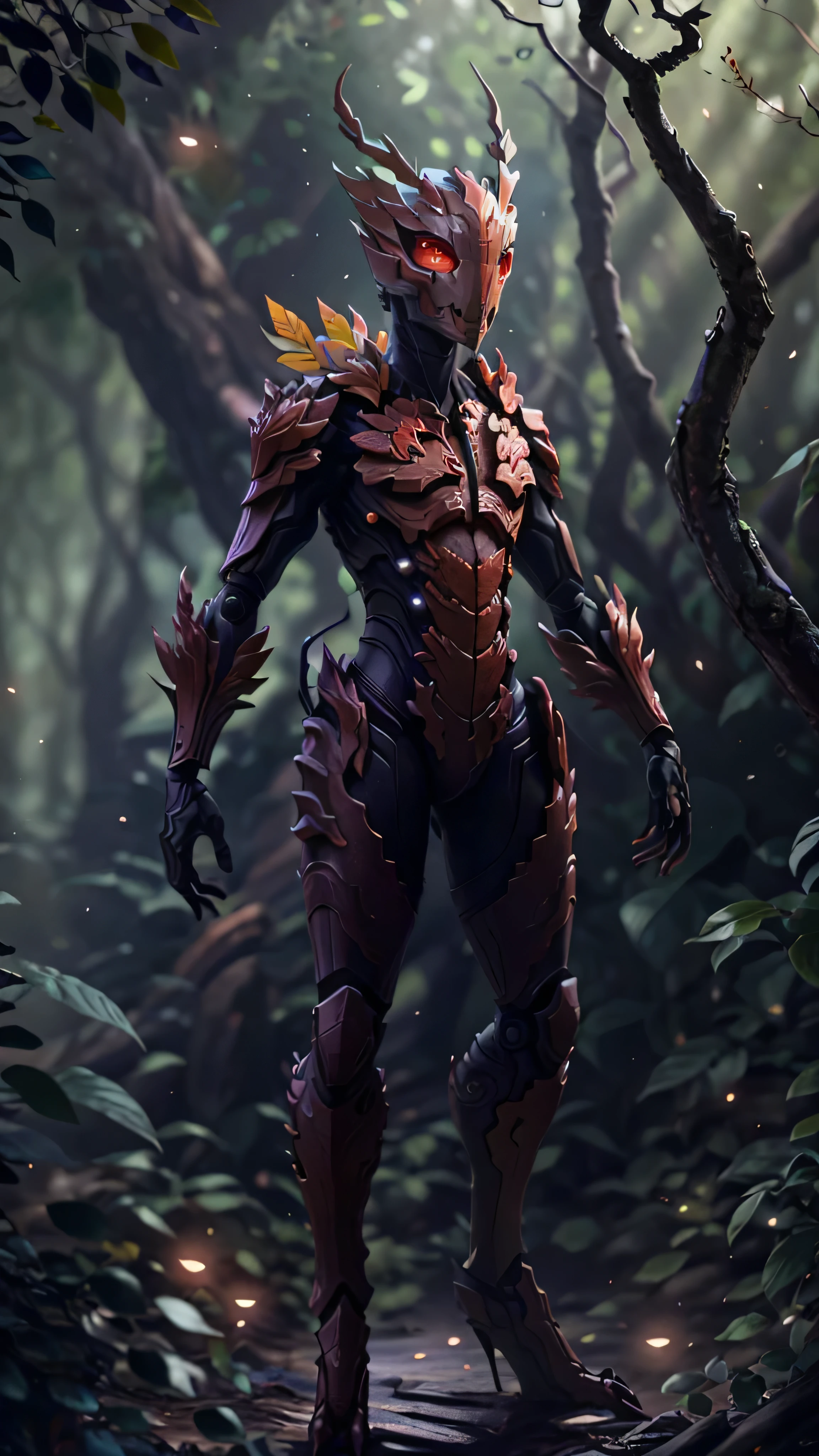 insectoid plant creature, male, elongated tree-like limbs, wooden bark-textured body, leaf-like helmet, sharp features, creature is adorned with red and orange leaves or petals around its neck and shoulders, natural armored look, dynamic pose, misty bluish atmosphere, small floating lights, (insanely detailed, beautiful detailed face, masterpiece, best quality), cinematic lighting, 1man, solo, full body view, (front view), looking at viewer, intricate, high detail, sharp focus, dramatic, photorealistic painting art by greg rutkowski