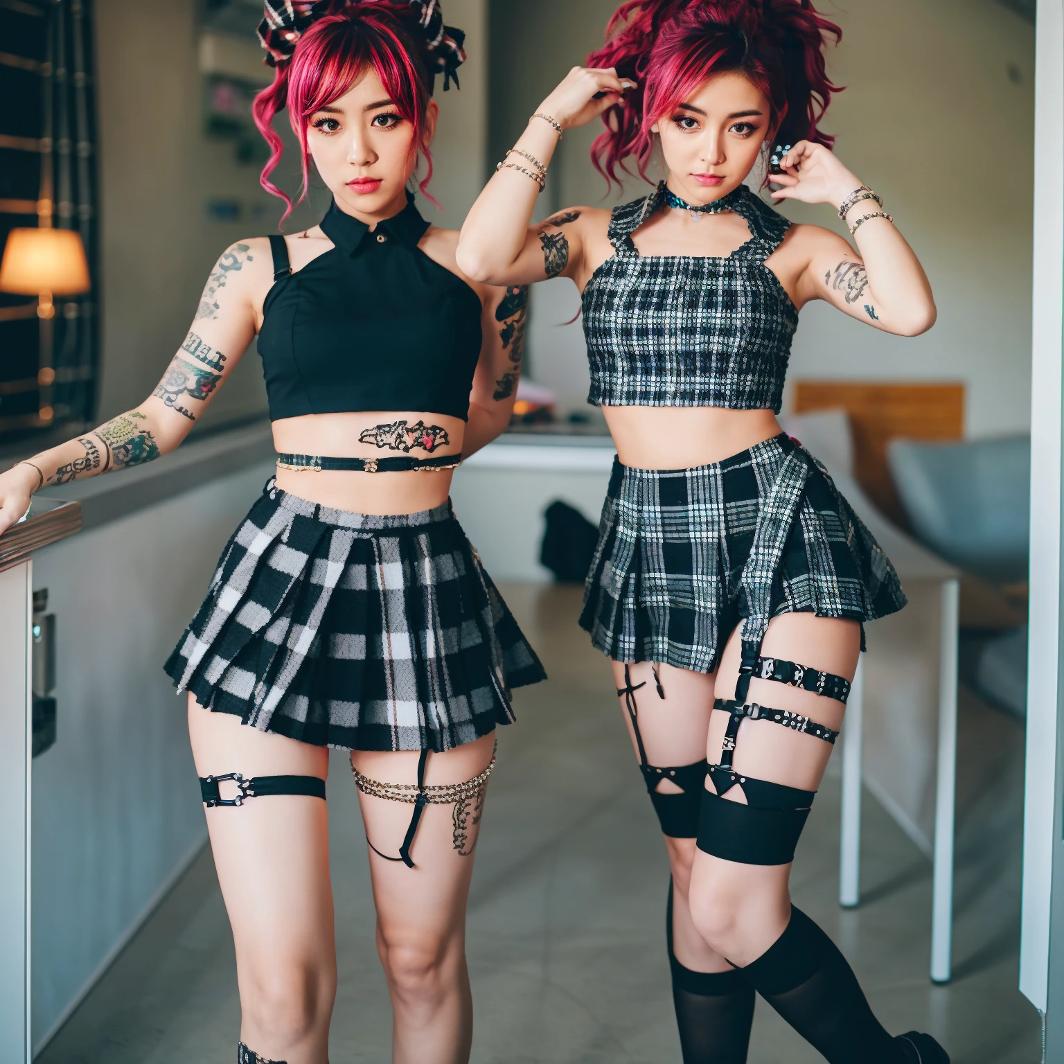 1girl, 2, Punk outfit, wild hair, tattoos, plaid miniskirt, crop top, wearing_urbangal