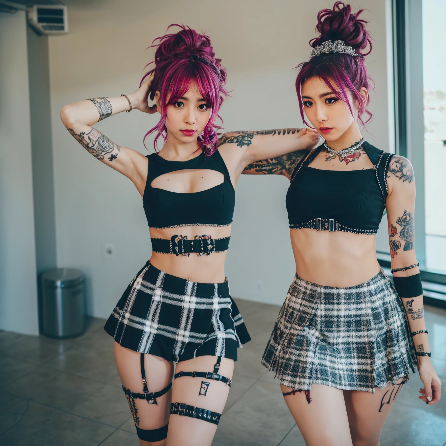 1girl, 2, Punk outfit, wild hair, tattoos, plaid miniskirt, crop top, wearing_urbangal