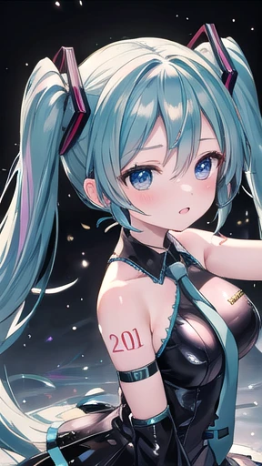 hatsune miku, aqua hair, twin talls, large breasts,, Live Stage, uniform, solo nsfw