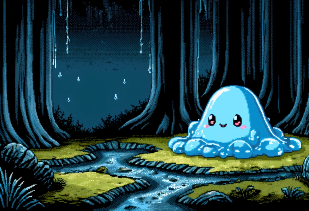 Cute light blue slime, Water shape,A translucent slime sitting on the ground, Dungeons, fog, In the forest, Dark Sky, Game Style, Picture book style, watercolor, Fighting, Pixel art, colorful,