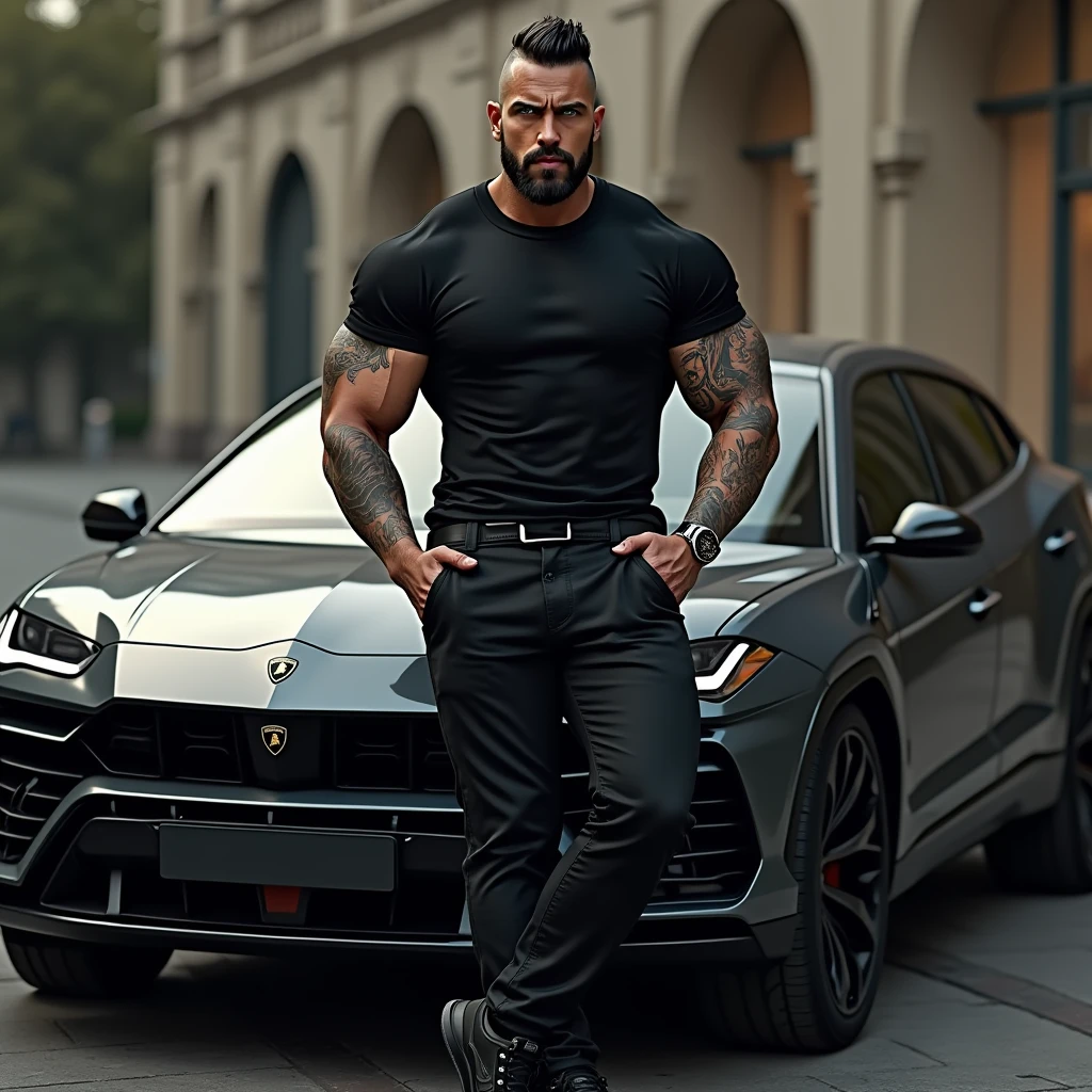 there is a man sitting inside of a sport white car with his left foot on the door and his right foot on the ground, Tom of finland style, white flawless skin, mega muscle man, stocky chubby masculine body, big arms, big chest, big pecs, big calves, super shiny leather black boots, high quality Illustration art, he is relaxing his arms and hands by hanging, dominant look, dominant facial expression, very handsome face with military short hairstyle, wet erotic sweaty muscles, he is wearing thin transparent wet shiny lustrous shirt highlighting his big mega pecs, wearing shiny leather pants highlighting his musculine big quadriceps and thighs