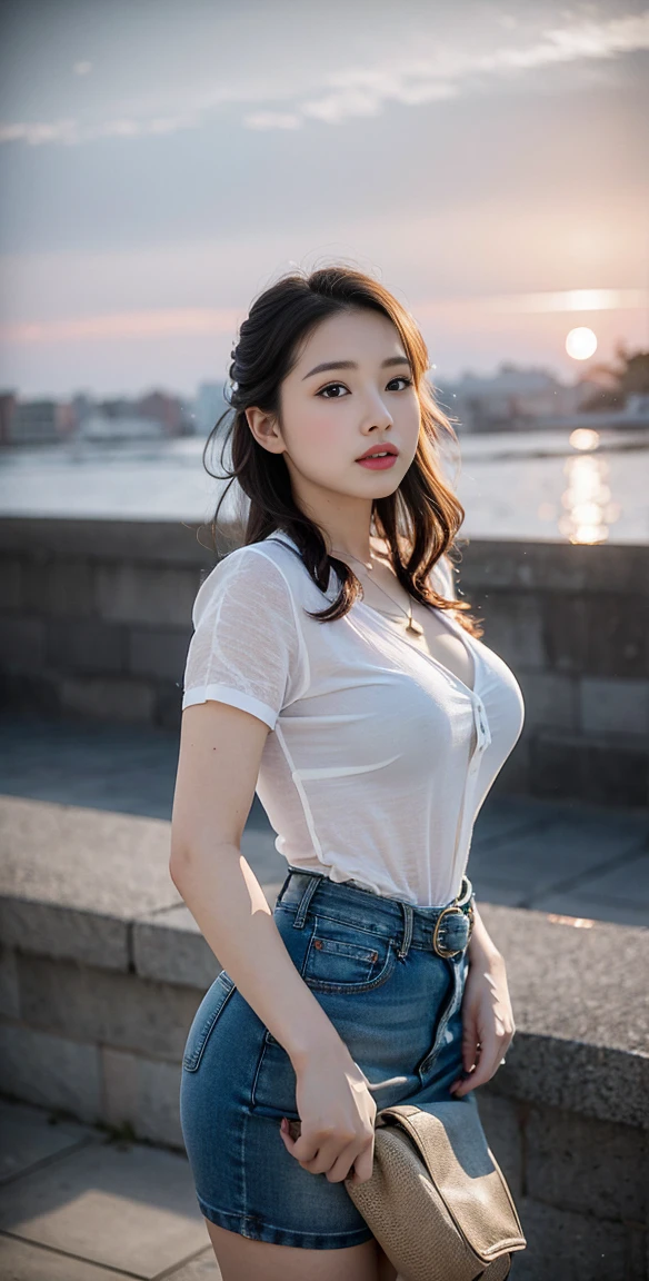 (8K, best quality, masterpiece, Ultra high resolution:1.2) Beautiful photos of pretty Japanese women, Beautiful and charming stylish contemporary painting with, Look at the audience, ((Sunrise background)), (1 Girl), (White sheer short-sleeved shirt), ((Black short denim skirt)), belt, ((Hands down)),Black Hair, Medium-length hair, High angle shot of a beautiful woman, Real texture, Look up;Inquire, (exposed), Round chin, 50mm Art Lens, 1. 2, Clear focus, 8K HD, Extremely detailed, complex, elegant, Big , Dynamic posture, Large Breasts, [Deep V-neck