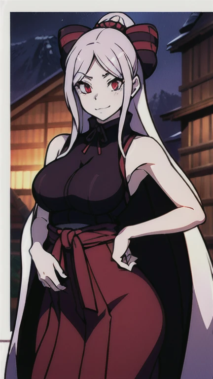 natacha, big breast, goth, silver hair, red eyes, albino, pale skinned,portrait ,full body, skirt, , flip flop,sharpteeth ,panthyhose, blackbodysuit, smile, happy, blush, walking, long hair, forest, , blackcloths, pole-shirt, victorian clothing, long robe, dress
