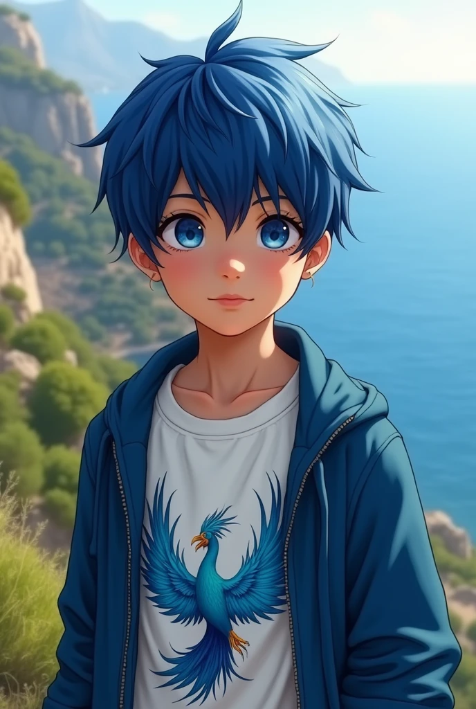 A 1 Greek boy on a lush cliff, wearing a white shirt with a phoenix print, with a close-up capturing the harmonious beauty between her blue hair and her blue jacket, showing off her natural charm and introverted personality.