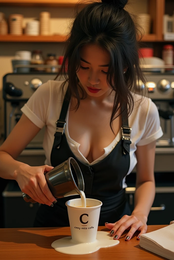 sfw, beautifulll woman, (k, raw photo, best quality, masterpiecel1.4), (realistic, photo realistic:1.3 lighting), (f cup breasts size), ((petite body)), (( from front side view)),((withe skin)),((Slim, Slender and tall body)),((clean face, slim face ,oval face, beautiful face, beauty face)), ((Korean artist mix russian face)), Cool beauty, Looks sweet, (long hair with loose ponytail ), ((only wearing dark green starbucks apron, , off shoulders, off back side, off buttocks, nude inside apron, nude body cover with  dark green apron,no bra no underwear, only apron, only green apron, plump body, detail nipples, naked buttocks)) in the coffe shop, shyly smile, full body photo, only apron, squat pose, low squat in outdoor the coffe shop, holding cup coffe melting thick of coffe, half Side view, open leg, showing the vagina, ((white thick semen melting down on the vagina and apron : 1.2)) In coffee shop, detailing pose, detailing pattern, detailing skin, detailing pattern, detailing mouth, detailing face, full body photo shot, Side view, full body photo shot, low squat next to outdoor coffe shop, full body photo shot