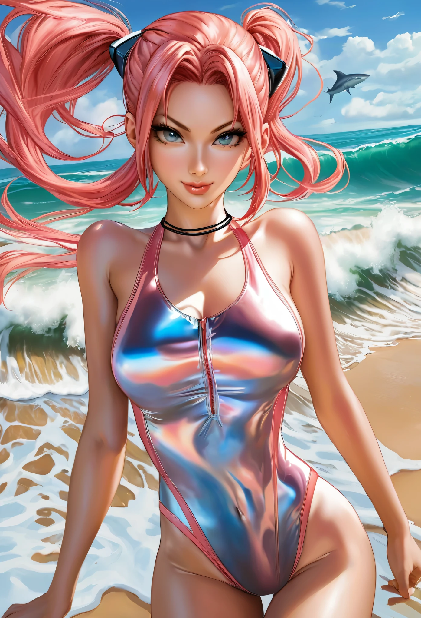 best quality, masterpiece, ultra detailed, ultra high res, realistic, bright colour, female, extremely large breast, very long pink mohawk hair, tiny pink see through bikini, front view, under water,