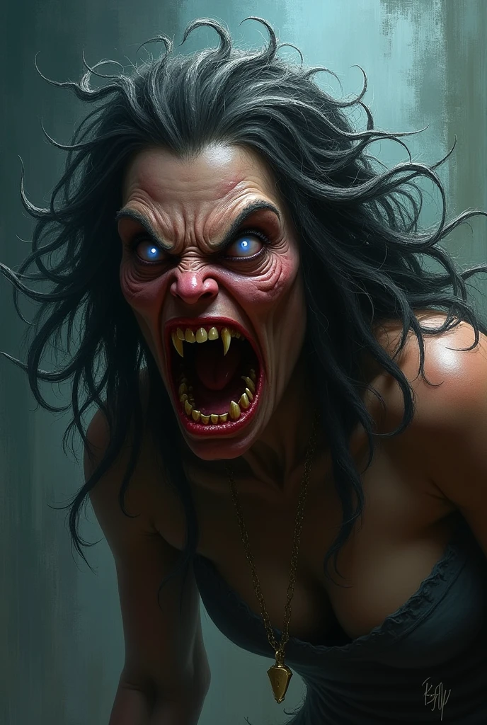 Make a realistic photo of a full-body demon woman in shape with angry dog face and showing teeth, Deixe isso muito feio, em cima de uma cama, she's dressed in red