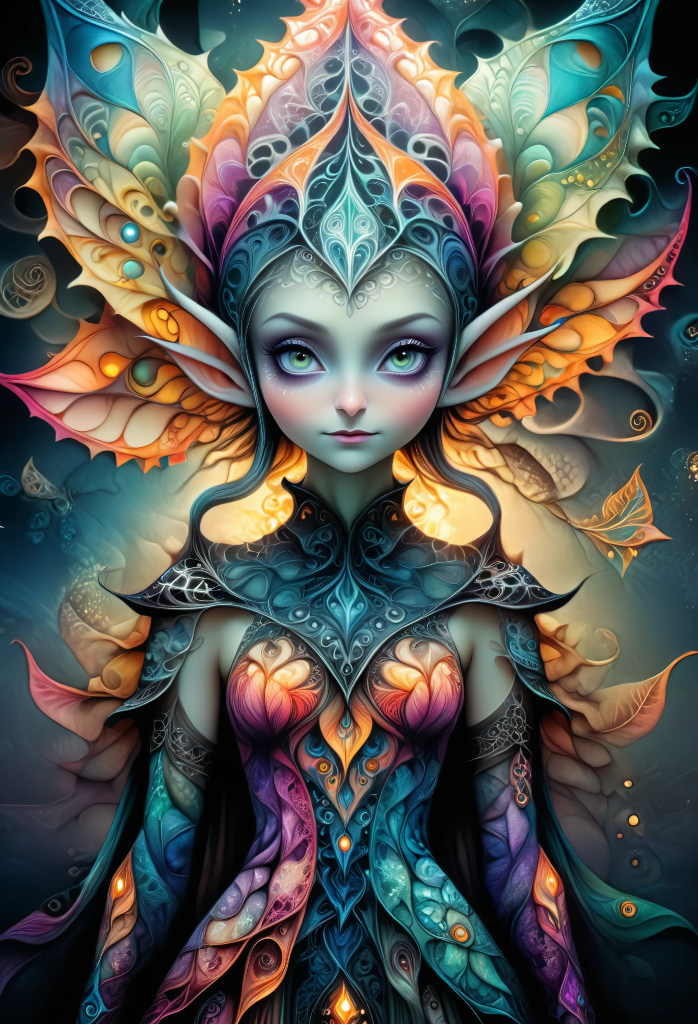 Colorful gradient:1.5, manga style:1.4, (zentangle, datura, fractal, lattice), (surreal fractal art:1.3), (Mechanical bioluminescent elf princess beautiful elf dress:1.4), (Very detailed, 8k, beautiful epic dramatic scene es una noche profunda, darkness), (photorealistic, Cinematic lighting, dramatic, Impressive composition), (awesome colors, Vibrant, bright), (from another world, ethereal, mystic)