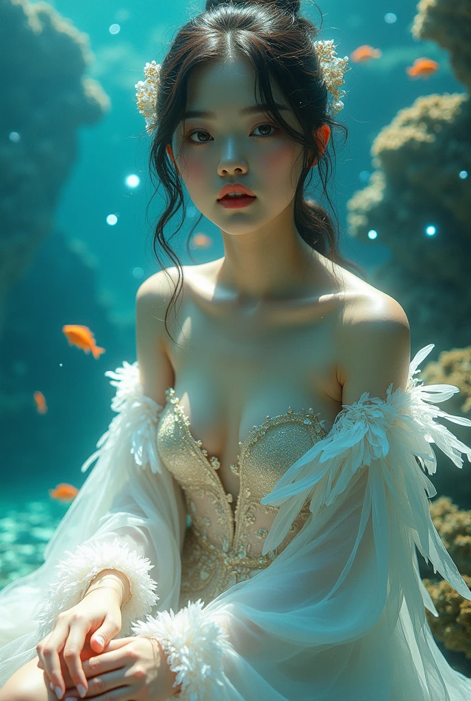 asiagirl,ocean floor,Colorful fish,wedding gown,brunette color hair,The corals