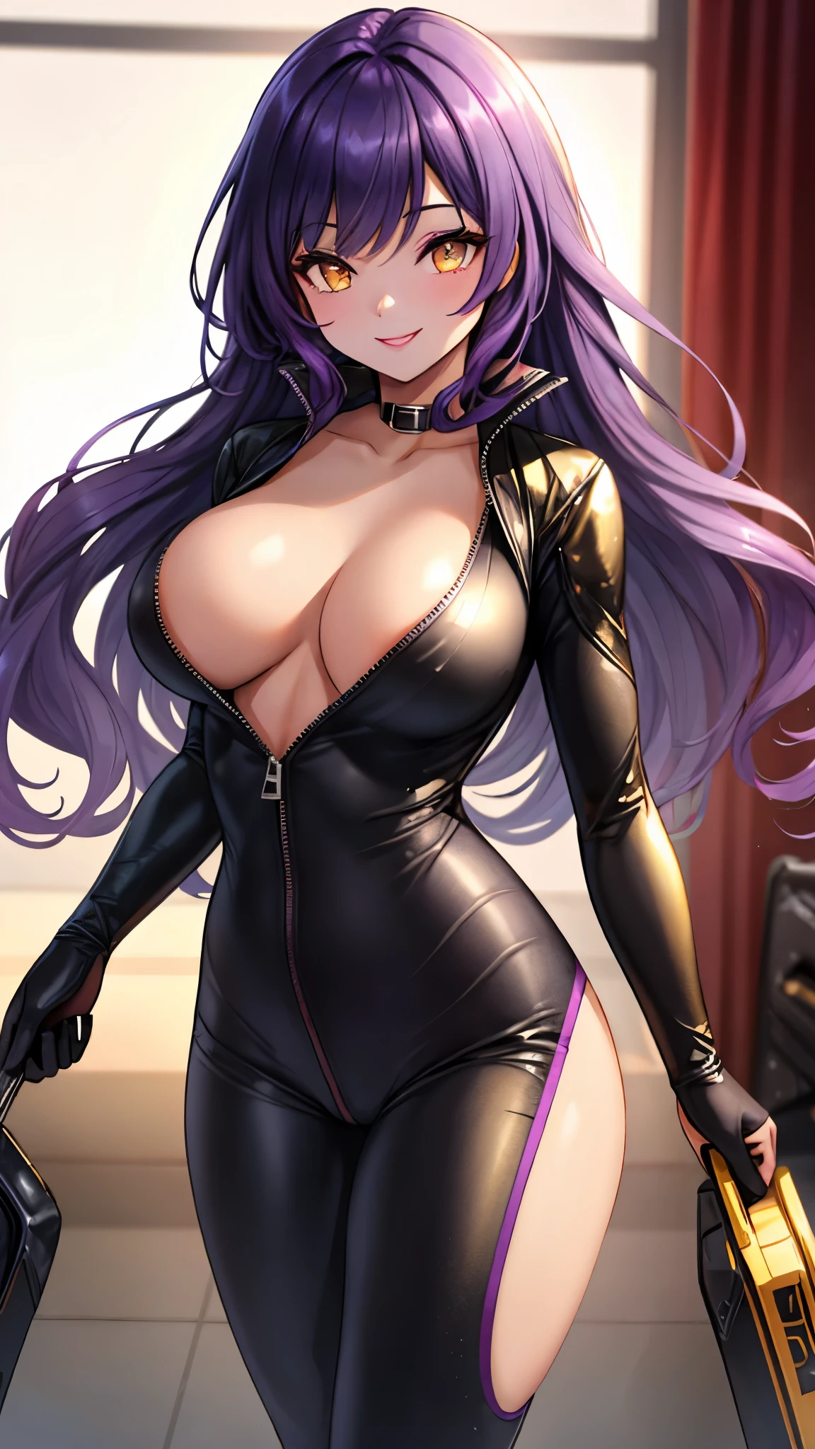 （（super high quality,））（（Ultra-high resolution,））（16K,）（super masterpiece,）（（Ultra HD ,））（Detailed shading,）One sexy mature woman,Tight black riding suit,popped Tight open collar,Long, wavy purple hair with golden tips,Purple-tinged golden eyes,Sexy smile,