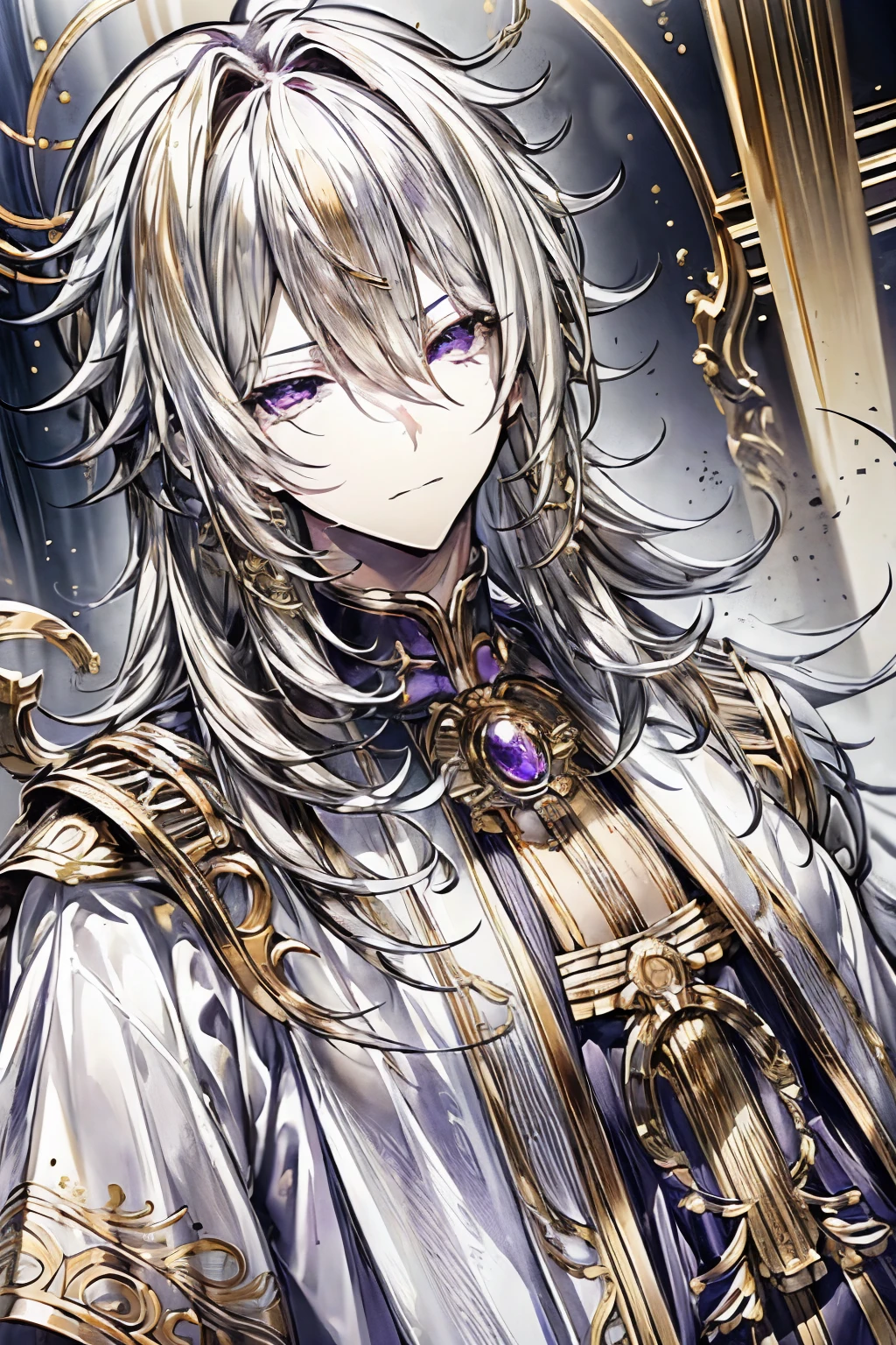 1boy, (masterpiece, best quality), (anime), (adult), blonde hair, golden wreath, roman theme, white and purple robes, intricate details, cinematic lighting, dramatic pose, hyper-realistic, highly detailed face, lush fabric textures, ornate gold accents, chiaroscuro lighting, volumetric lighting, dramatic shadows, warm color palette, cinematic composition