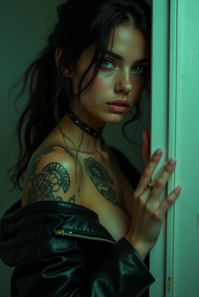arafed gothic woman with tattoos completely naked, (pov sex with man: 1.5), wearing no clothes, nsfw, nude, (slender body: 1.4), small breasts, madison beer, dark brunette hair, inked, dark thick eyebrows, pronounced chin, looks like fabiula nascimento, marischa becker, julia fuentes, soft devil queen madison beer, sexy look, tattooed, instagram model, fernanda suarez, tattoo sleeve on her wrist, (photorealistic), Seductive, Sexy