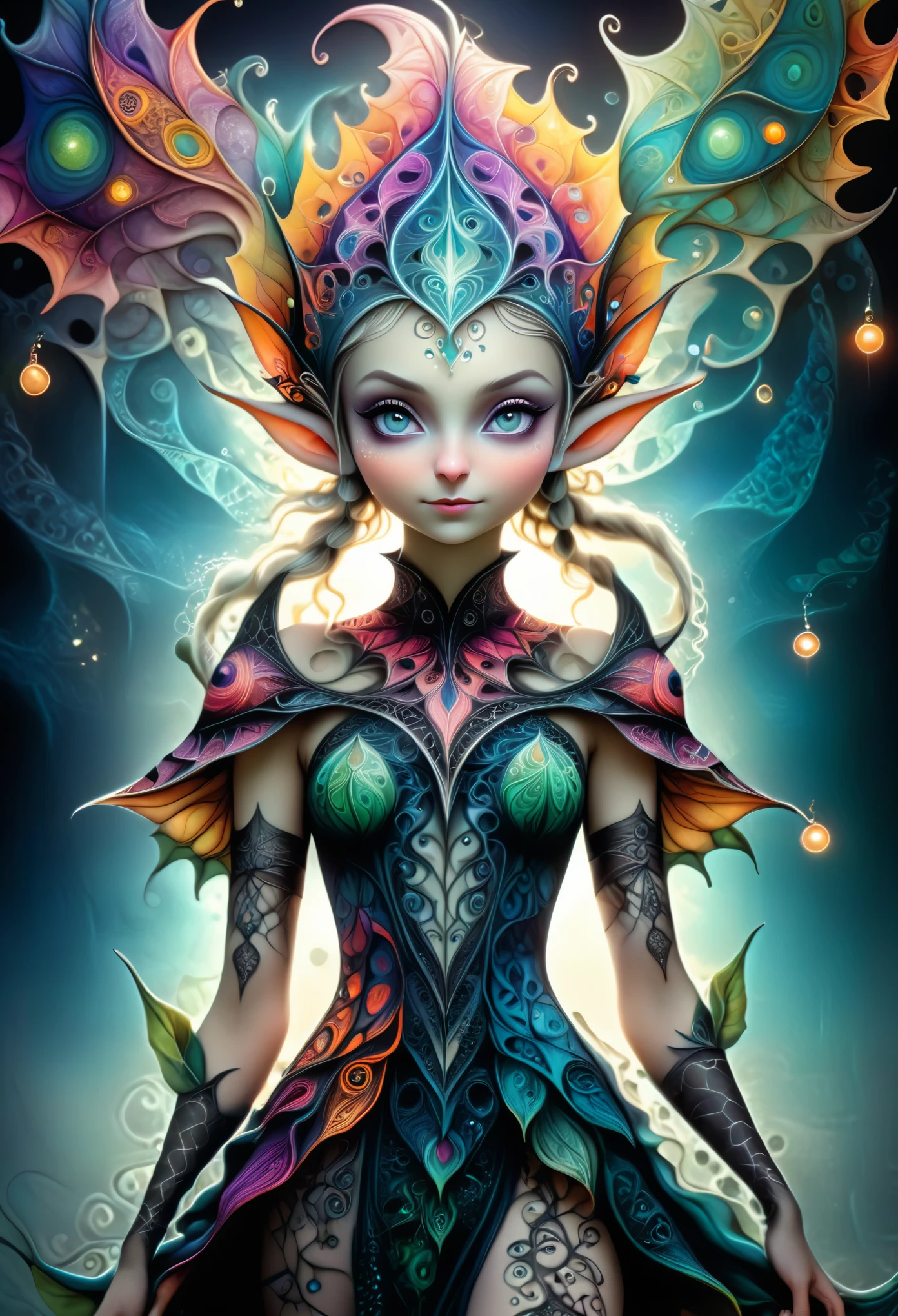 Colorful gradient:1.5, manga style:1.4, (zentangle, datura, fractal, lattice), (surreal fractal art:1.3), (Mechanical bioluminescent elf princess beautiful elf dress:1.4), (Very detailed, 8k, beautiful epic dramatic scene es una noche profunda, darkness), (photorealistic, Cinematic lighting, dramatic, Impressive composition), (awesome colors, Vibrant, bright), (from another world, ethereal, mystic)