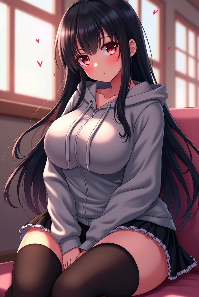 A woman, black long hair, twintail hair, red eyes, beautiful eyes, beautiful eyelashes, (big breasts), cleavage, (sexy body), blushing, blush makeup, (red eyeliner makeup), shiny skin, pink hotpants, black croptop hoodie, on the bed, bedroom, ((full body shot)), (ultra high quality), (perfect hands), perfect anatomy, 