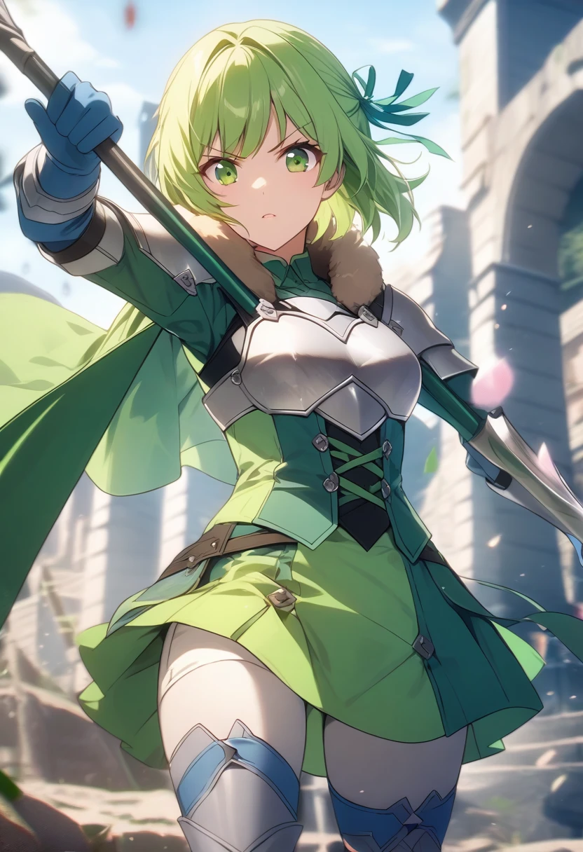 score_9, score_8_up, score_7_up, source_anime, thigh up, 1girl, looking at viewer, determined, holding spear, warIngrid, short hair, hair ribbons, shoulder armor, armor, breastplate, underbust, green coat, fur trim, vambraces, blue gloves, green cape, green skirt, white pants, cinematic, outdoors, 