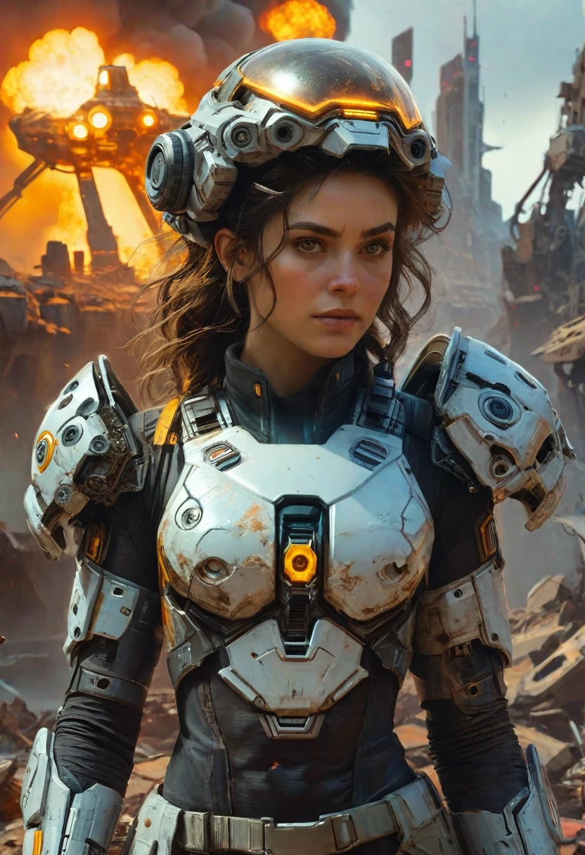 Masterpiece, best picture quality, super realistic, movie lighting effects, photo texture, ruins, huge robot, a beautiful girl with long black hair wearing a red mech, scarred and with a serious expression