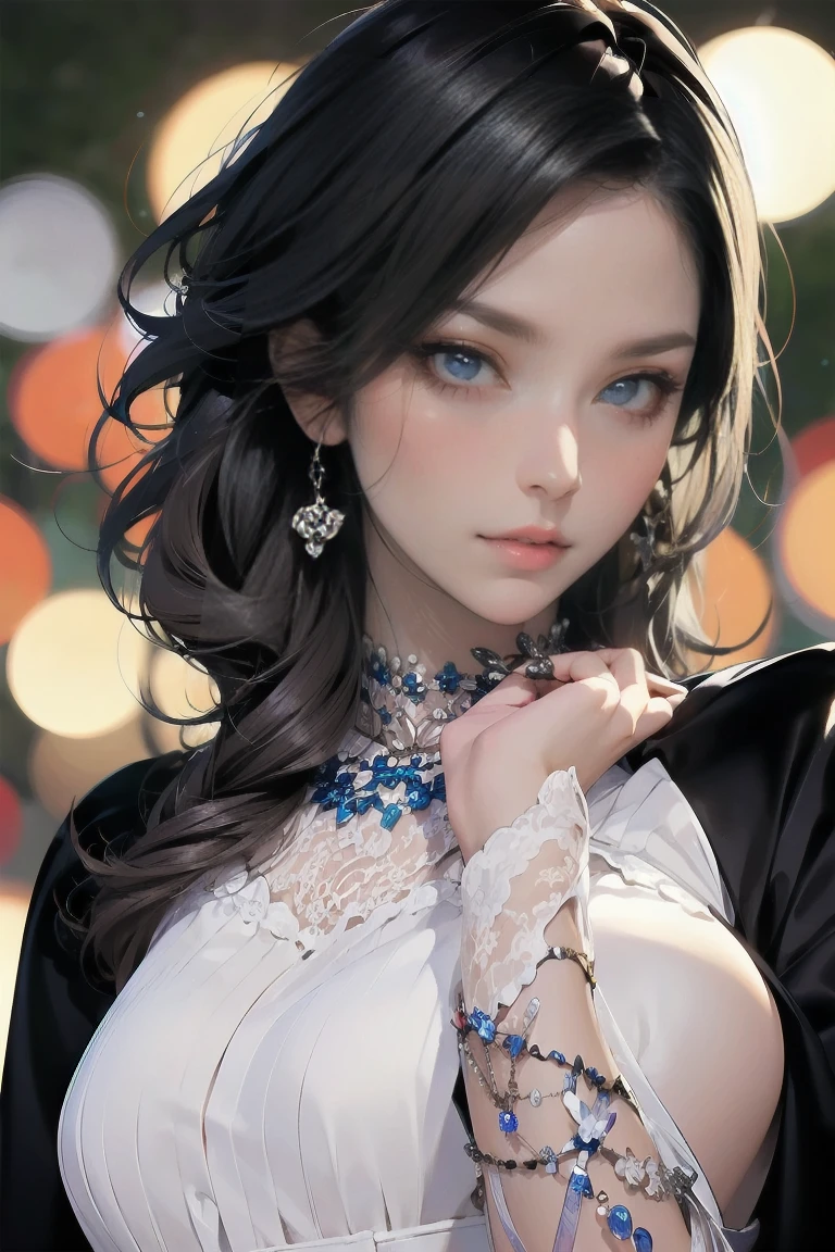 ((Masterpiece, Superb, Super Detailed, High Resolution)), solo, beautiful girl, sparkling eyes, perfect eyes, 15 years old, black and white gold theme,