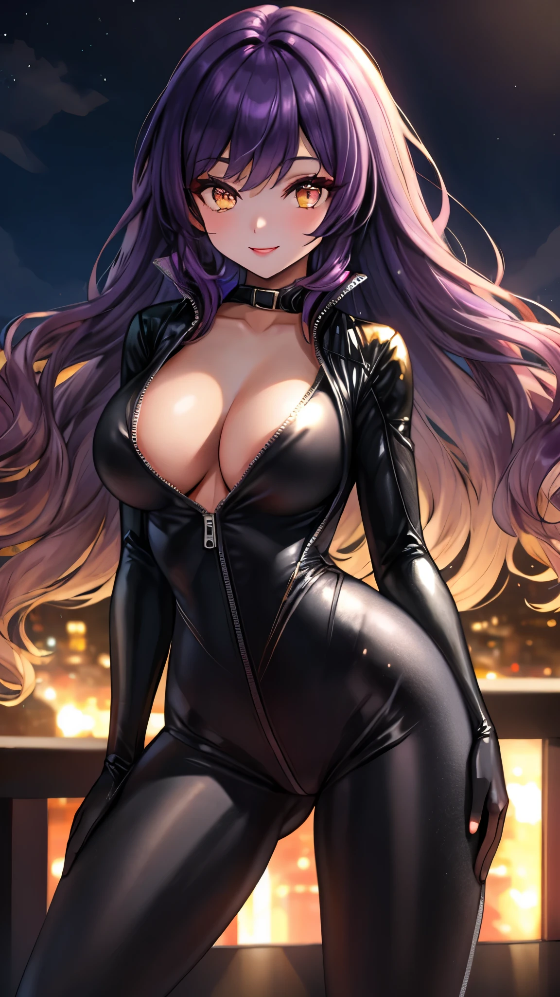 （（super high quality,））（（Ultra-high resolution,））（16K,）（super masterpiece,）（（Ultra HD ,））（Detailed shading,）One sexy mature woman,Tight black riding suit,popped Tight open collar,Long, wavy purple hair with only the ends dyed gold,Purple-tinged golden eyes,Sexy smile,Night view,