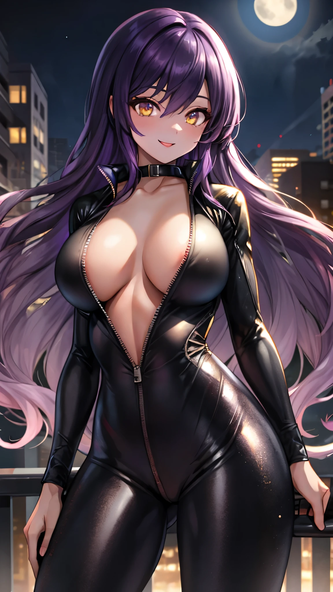 （（super high quality,））（（Ultra-high resolution,））（16K,）（super masterpiece,）（（Ultra HD ,））（Detailed shading,）One sexy mature woman,Tight black riding suit,popped Tight open collar,Long, wavy purple hair with only the ends dyed gold,Purple-tinged golden eyes,Sexy smile,Night view,