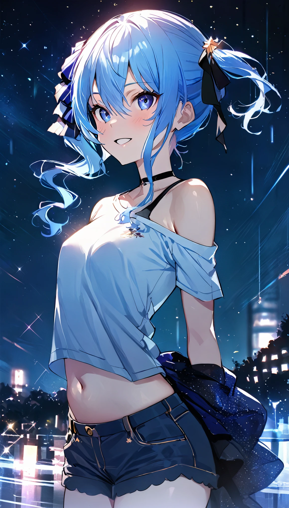 (8k、Best image quality、highest quality、masterpiece)、Detailed face、 1girl、Blue Hair、Long Hair、sideponytail、dark_blue_eyes、smile,(glimps_of_ navel)、small_breasts,(White_short_T-shirt:1.3)、Off the shoulder、Black shoulder straps、(open_front_denim_short_shorts:1.2)、City Background, starry_sky_landscape ,hoshimachi suisei,(covered_nipples:0.3), (belly_button:1.2),nihil,solo,stargaze,girl_looking_up_sky,slender,solo,