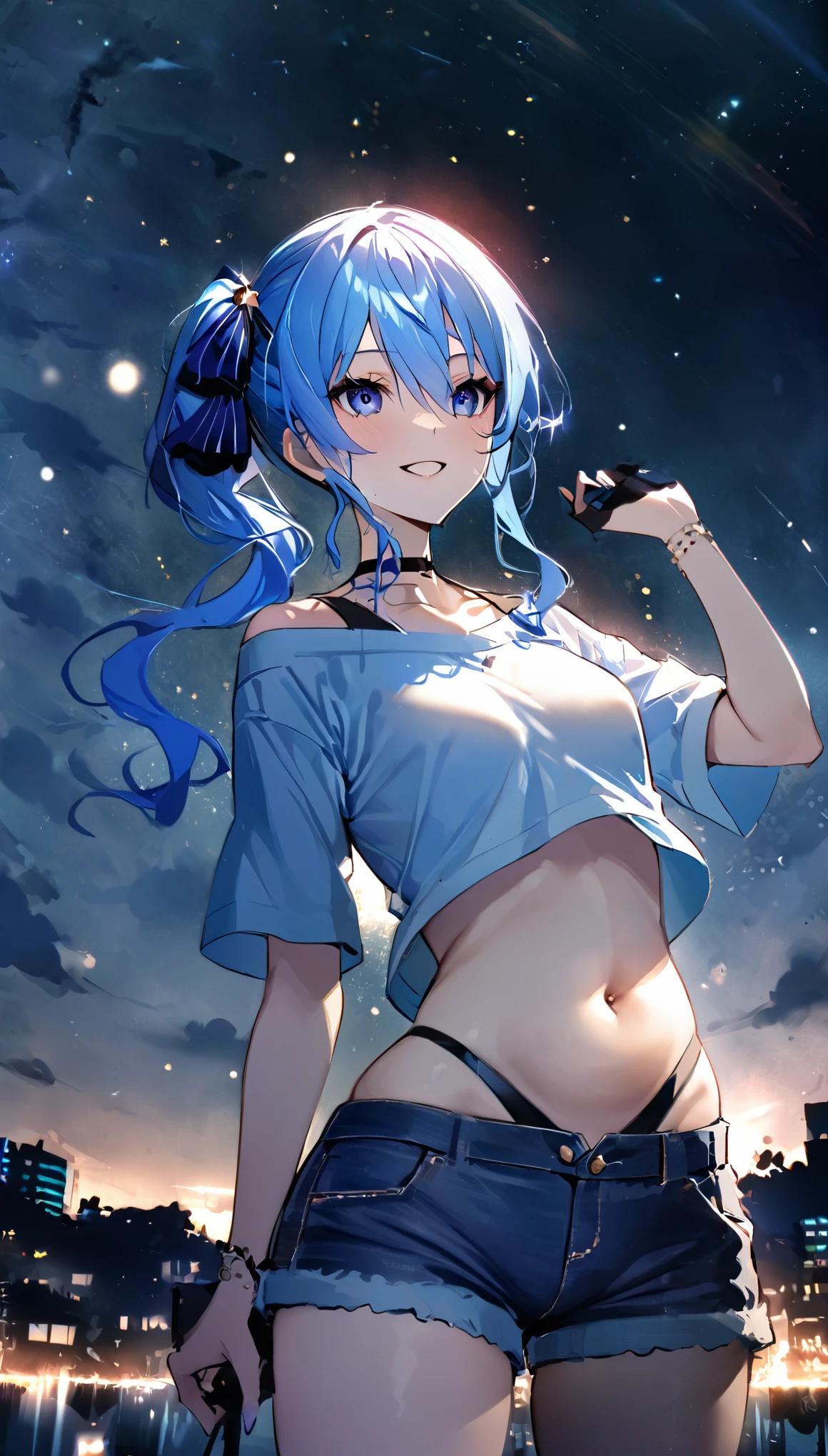 (8k、Best image quality、highest quality、masterpiece)、Detailed face、 1girl、Blue Hair、Long Hair、sideponytail、dark_blue_eyes、smile,(glimps_of_ navel)、small_breasts,(White_short_T-shirt:1.3)、Off the shoulder、Black shoulder straps、(open_front_denim_short_shorts:1.2)、City Background, starry_sky_landscape ,hoshimachi suisei,(covered_nipples:0.3), (belly_button:1.2),nihil,solo,stargaze,girl_looking_up_sky,slender,solo,