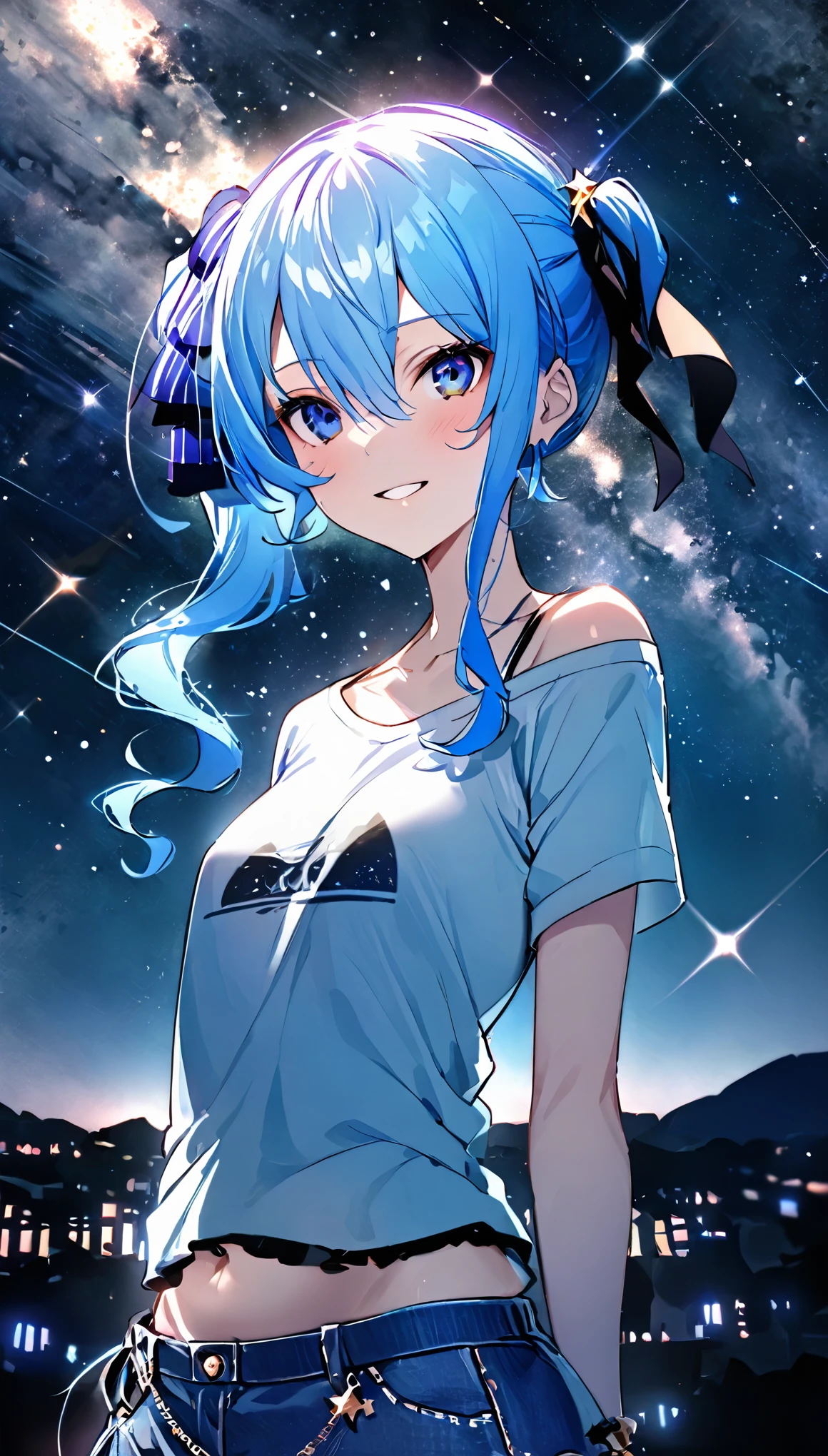 (8k、Best image quality、highest quality、masterpiece)、Detailed face、 1girl、Blue Hair、Long Hair、sideponytail、dark_blue_eyes、smile,(glimps_of_ navel)、small_breasts,(White_short_T-shirt:1.3)、Off the shoulder、Black shoulder straps、(open_front_denim_short_shorts:1.2)、City Background, starry_sky_landscape ,hoshimachi suisei,(covered_nipples:0.3), (belly_button:1.2),nihil,solo,stargaze,girl_looking_up_sky,slender,solo,