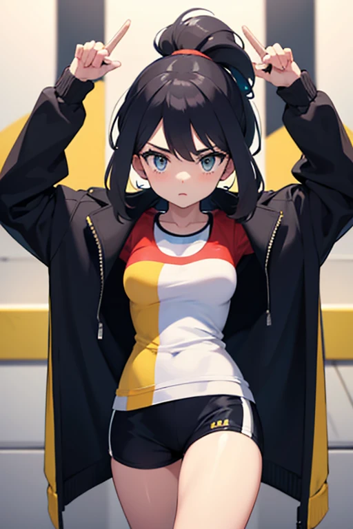 thick thighs wide hips muscular toned body massive breasts athletic girl black hair yellow eyes pale skin massive hair sad frown disappointed expressionless long sleeve tight shirt tight shorts