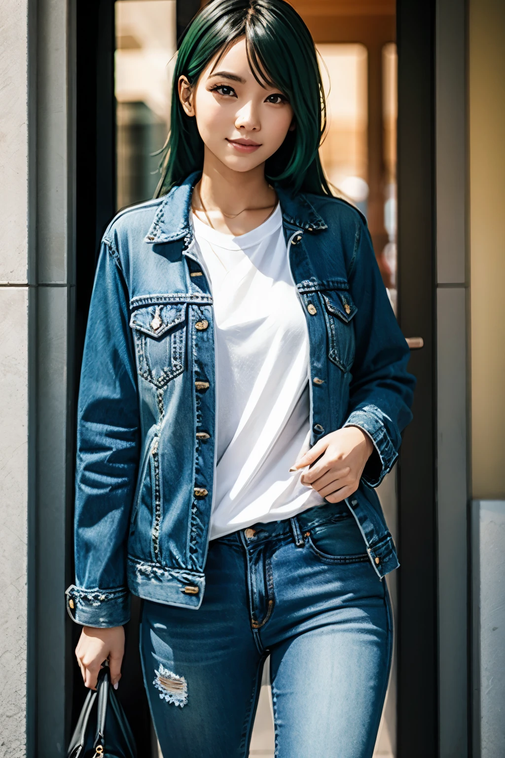 A NICE GIRL WITH GREEN HAIR AND A JEANS JACKET